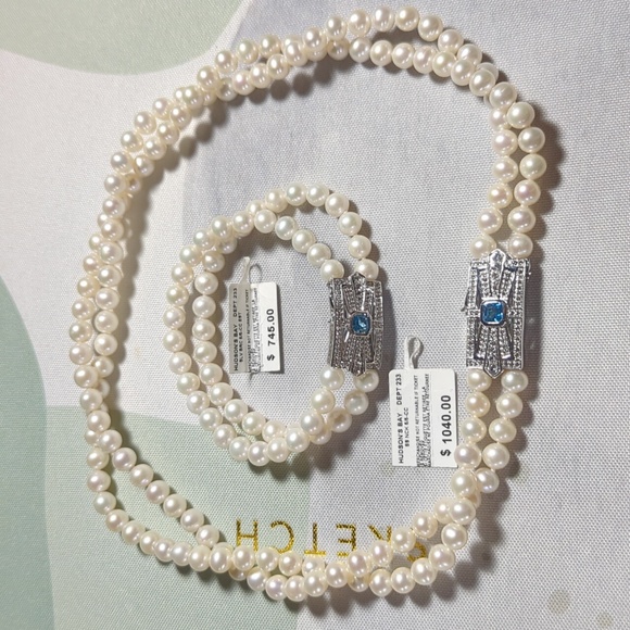 Set of 925 silver and pearl double stranded necklace and bracelet - Picture 7 of 9